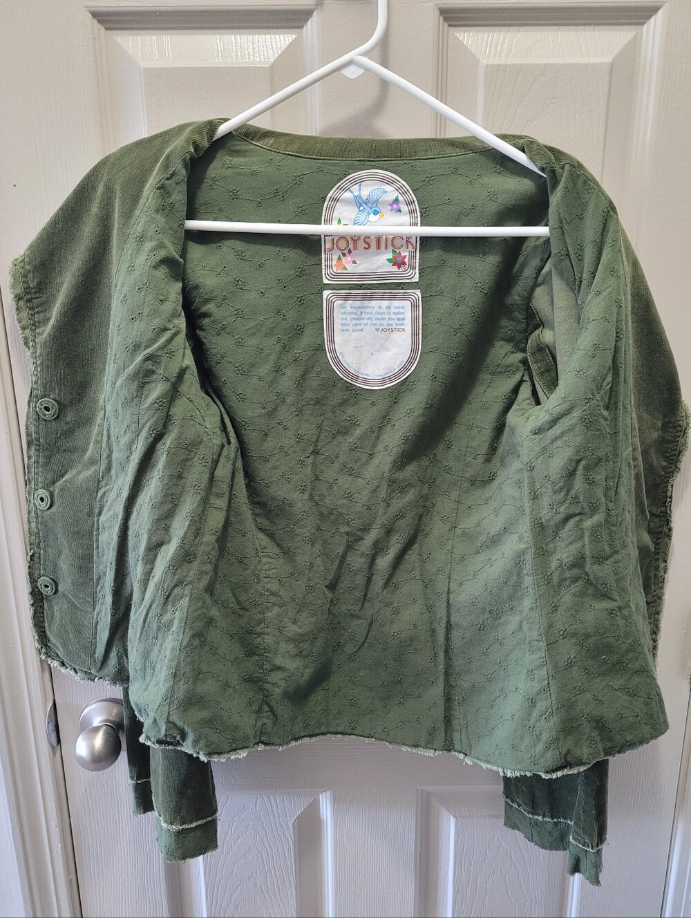 JoyStick Johnny Was Olive Green Corduroy Blazer Embroidered Birds Flowers Boho L - Picture 6 of 12